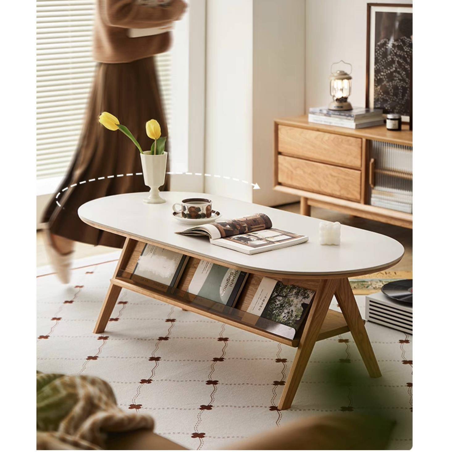 樱桃木椭圆形岩板茶几纯白复古小户型客厅家用北欧圆形实木茶桌