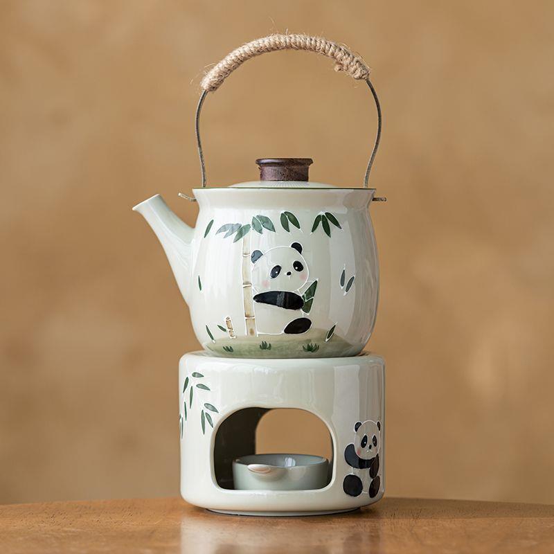 草木灰手绘熊猫温茶壶套装提梁壶大容量家用温茶器煮茶炉蜡烛