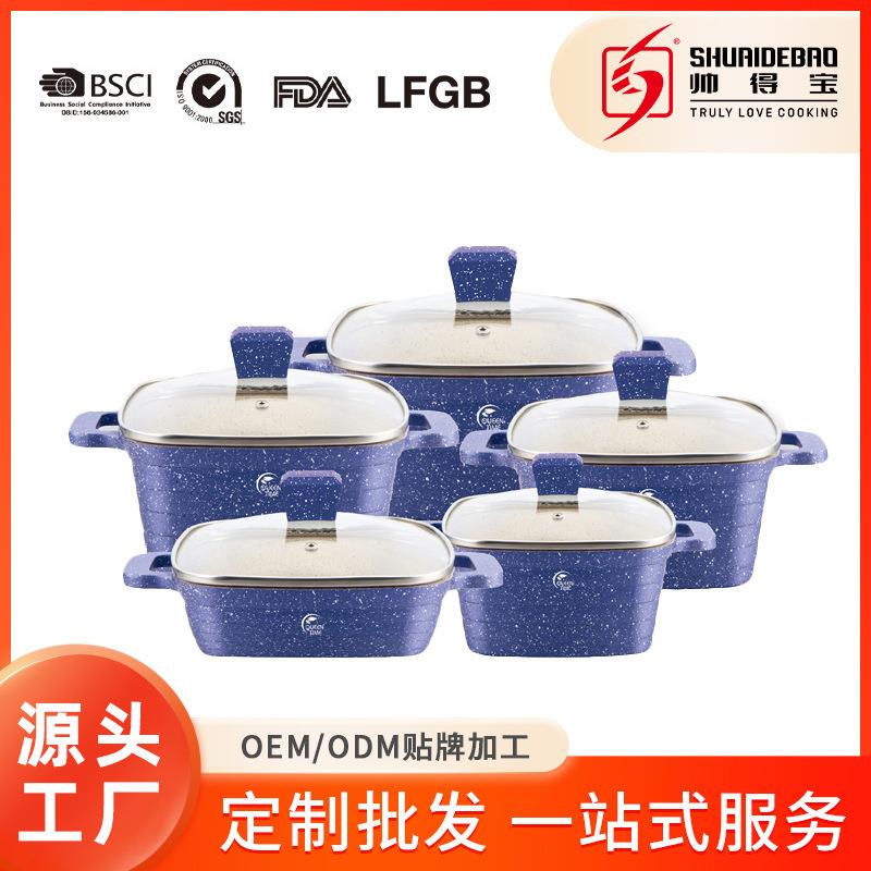 外贸横条方锅大理石压铸汤锅24/28/32cm