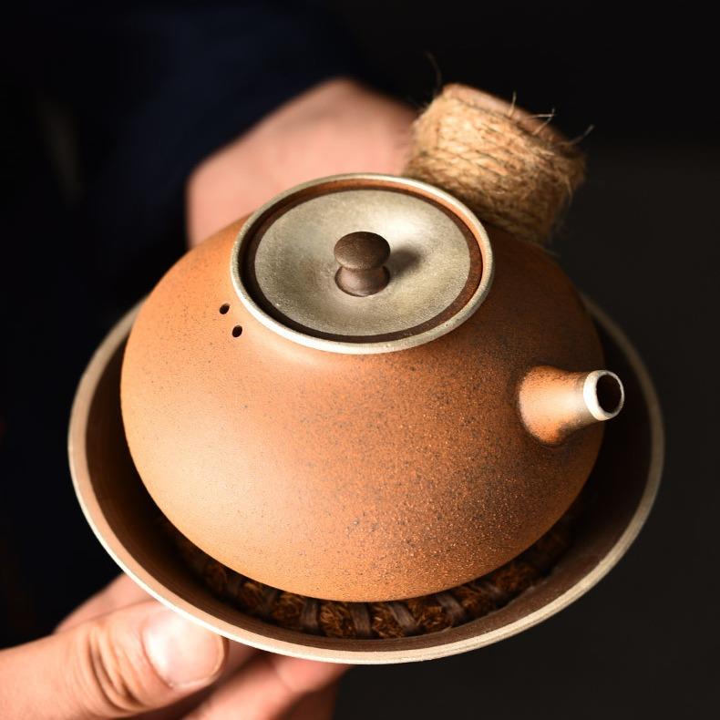 原矿粗陶侧把壶描银茶壶大容量泡茶具老岩泥陶瓷单壶防烫绑绳