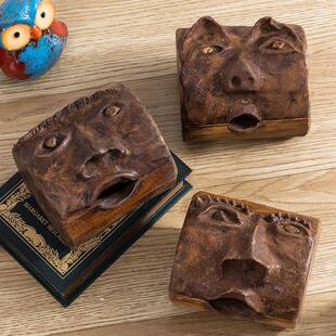 东南亚实木雕刻手工制作人脸造型储物收纳盒桌面玄关创意收纳摆件