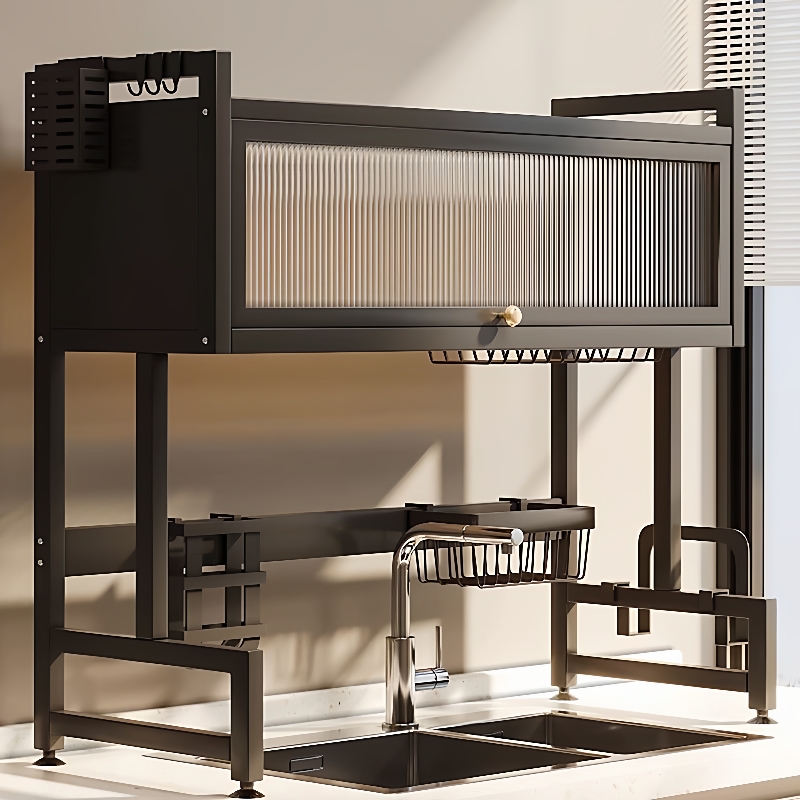 厨房水槽置物架家用碗碟水池碗柜多功能防尘带柜门碗盘收纳沥水架