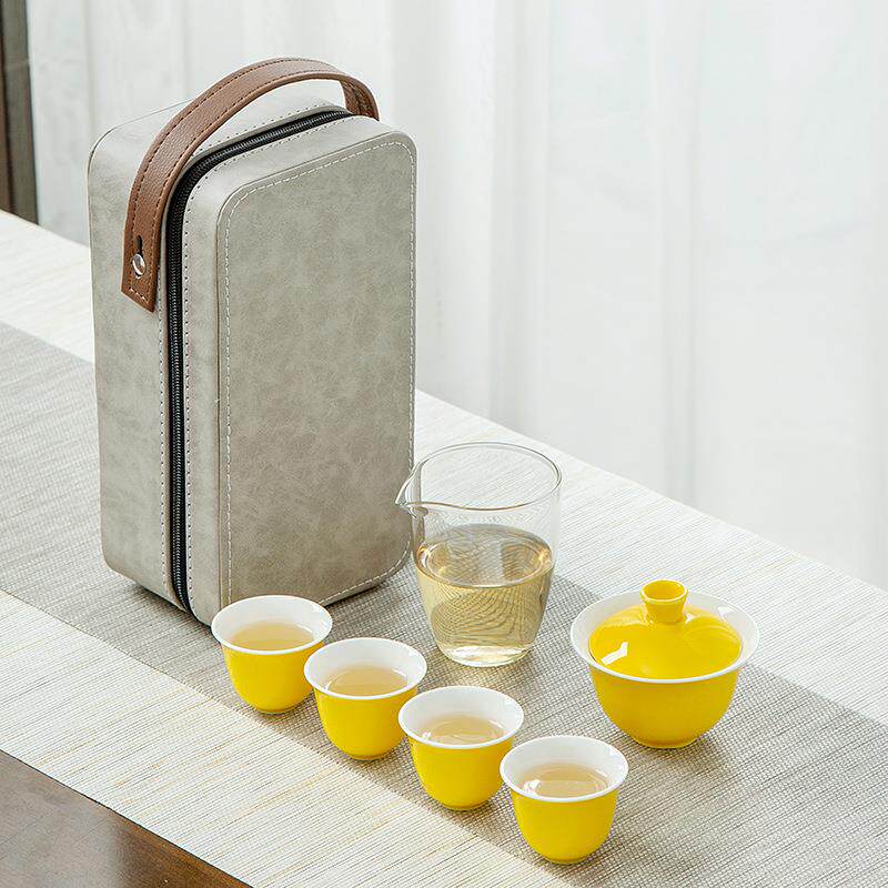黄色旅行茶具套装快客杯便携式茶具户外泡茶杯盖碗加logo送礼