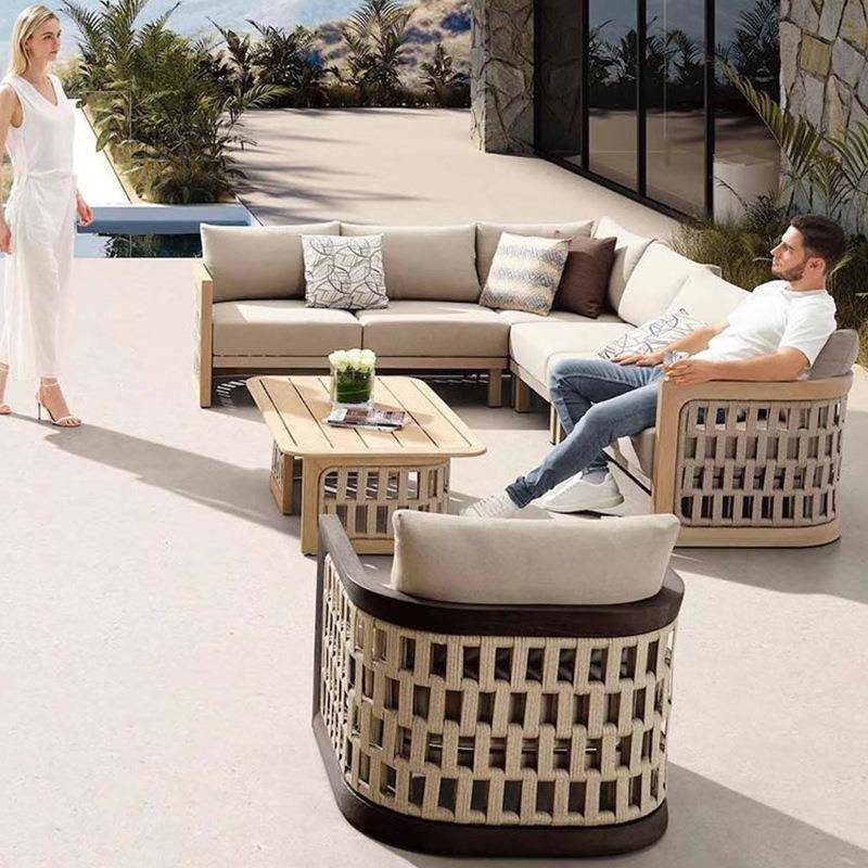 户外沙发庭院柚木藤编茶几北欧组合阳台露天别墅花园藤椅实木家具