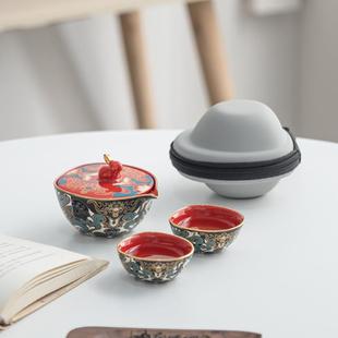 瑞兔呈祥陶瓷旅行茶具套装金银错一壶两杯便携式快客杯随身泡茶壶