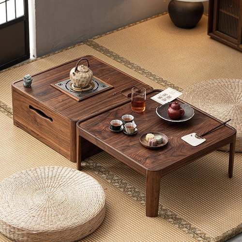 胡桃木实木围炉炭烤煮茶茶桌中式复古茶道榻榻米烧水茶炉火钵碳炉