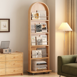 实木杂志书架落地穿衣全身镜子一体式中古风可移动式收纳储物柜子