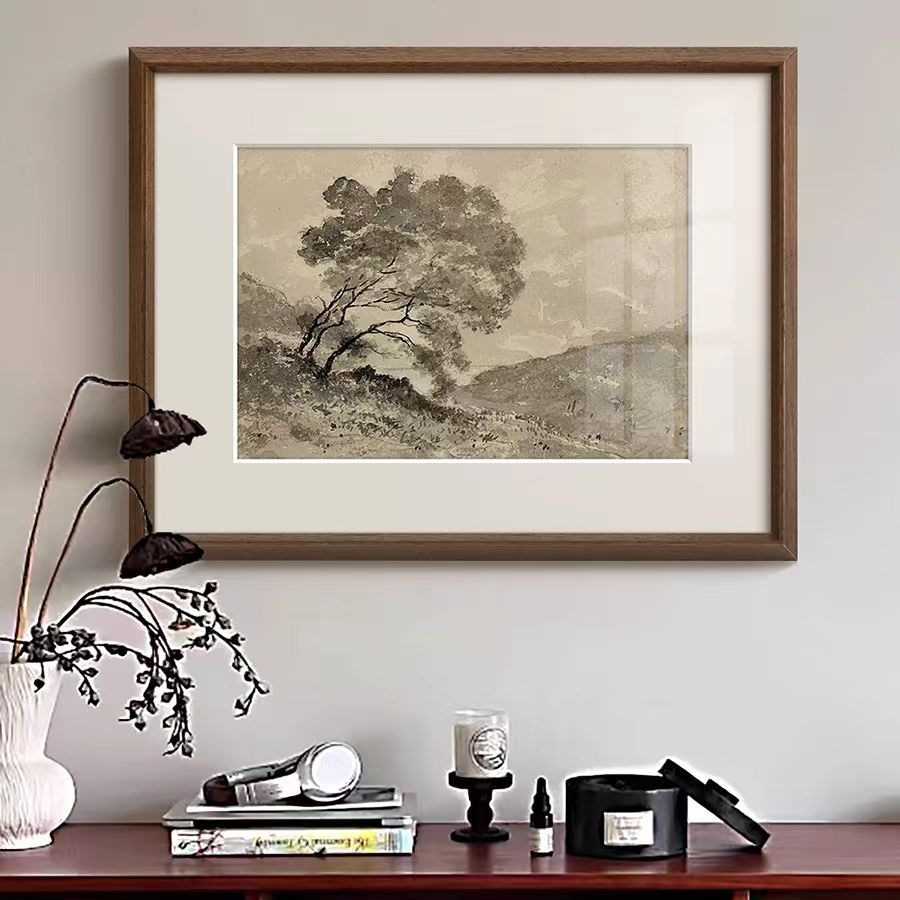 树》黑白素描装饰画法式复古中古风客厅壁画玄关走廊书房实木挂画图片