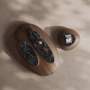 新款北美黑胡桃木皮茶几客厅家户型诧寂风椭WOAN-02圆具形木实茶