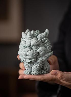 青砂石国潮风瑞兽麒麟动物摆件创意家居客厅桌面鱼缸造景装饰摆设