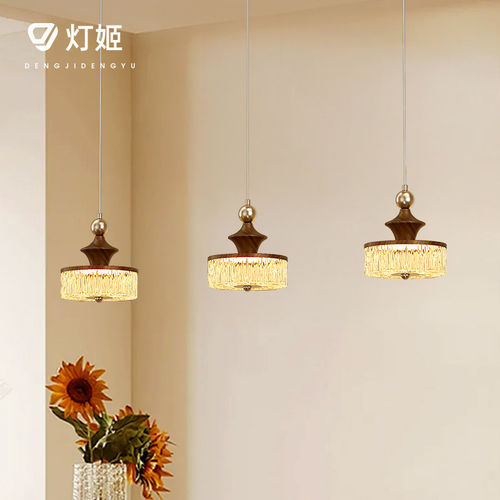 中古法式餐厅吊灯木纹色复古吧台饭桌三头吊线灯走廊过道氛围灯具