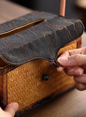 手工竹大漆缎DOB面印花筇竹提手巾把手盒纸巾盒抽纸家用制纸收纳