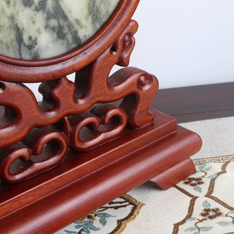 花梨木屏风 圆形复古东阳木雕嵌天然大理石插屏 台屏小屏风摆件