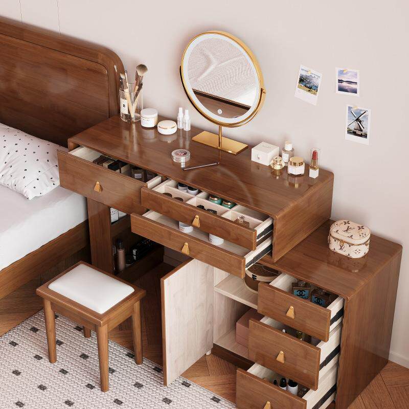 实木奶风RYK梳妆台室化简约现油代斗柜一体大容量妆桌大卧小户型