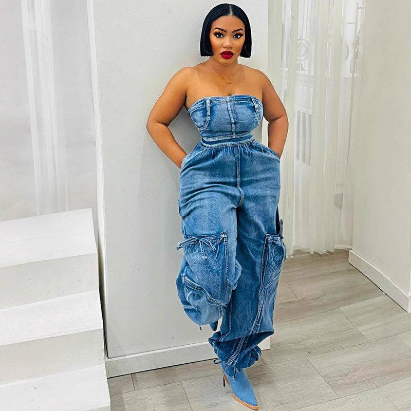 欧美女式抹胸连体裤 亚马逊跨境女装时尚新款宽松抽绳牛仔连身裤