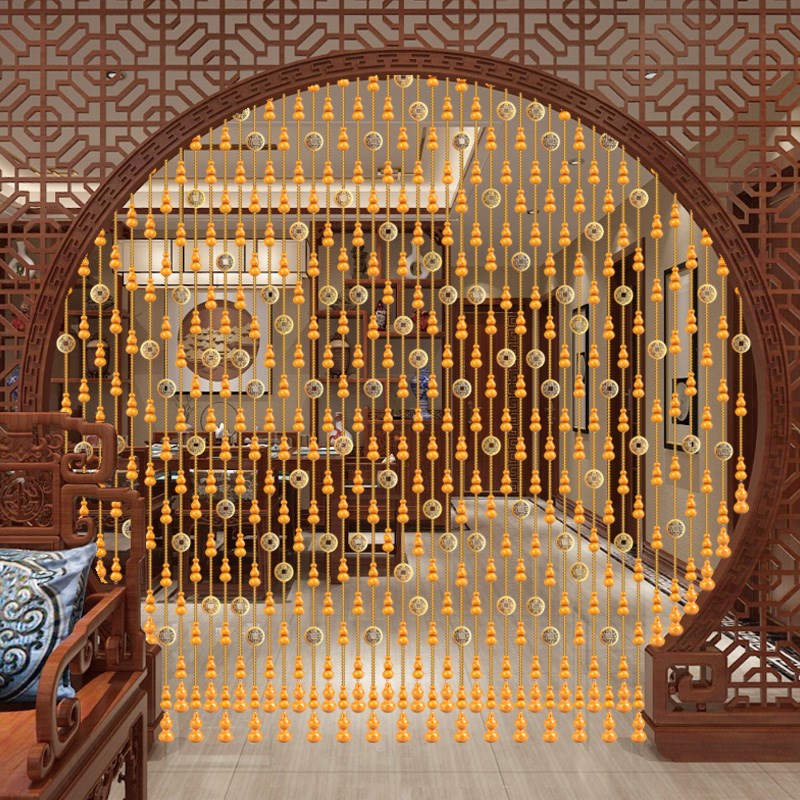 水晶桃木葫芦珠帘免打孔支t撑杆五帝钱卧室门帘隔断玄关装饰挂帘