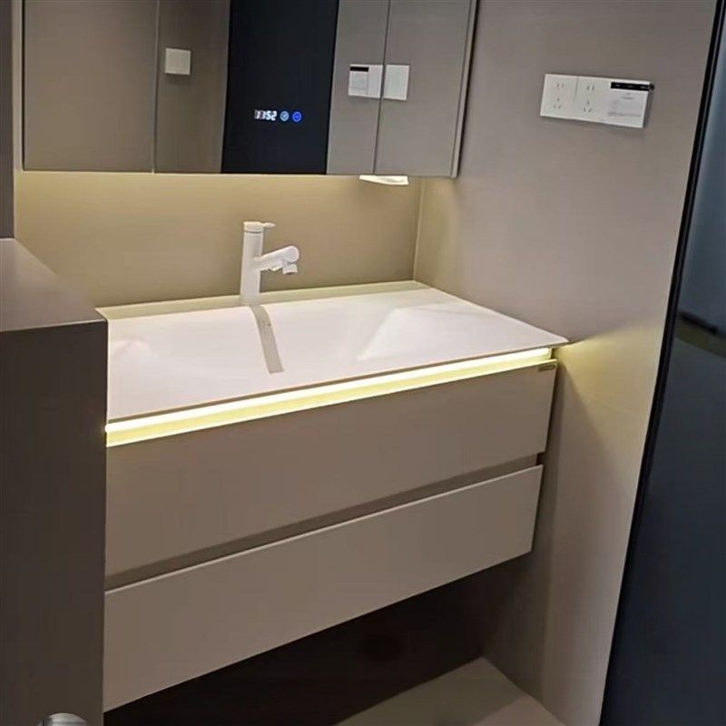 橡木实木浴室柜组合岩板热弯卫生间陶瓷一体盆洗脸盆洗漱台奶油风