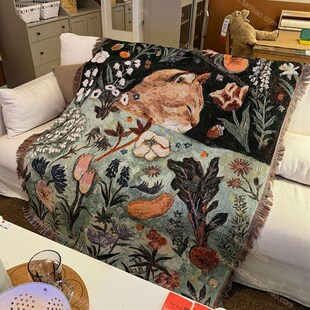 油画卡通猫咪午睡线毯单人沙发毯座椅盖毯儿童房装饰墙布棉线挂毯