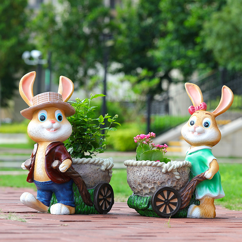 户外园林庭院卡通兔子花缸玻璃钢B雕塑幼儿园装饰摆件景观花园花