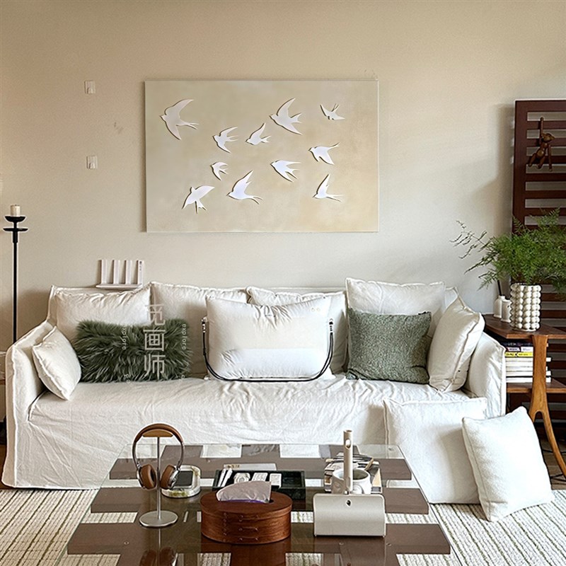 奶油风客厅c挂画小众高级感飞鸟装饰画装饰画轻法式主卧室沙发壁