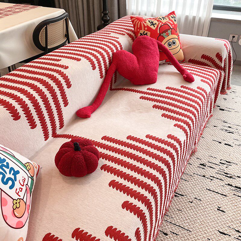 沙发巾一整张全盖2025新款防滑雪尼尔沙发毯红色四季通用沙发盖布