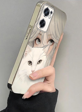 适用PFCM00手机壳OPPOPFCM00套OPPOReno7SE5G新款OPPO外壳OPPOPFCMOO全包PFCMOO防摔ES软电镀抱猫女孩软Reno