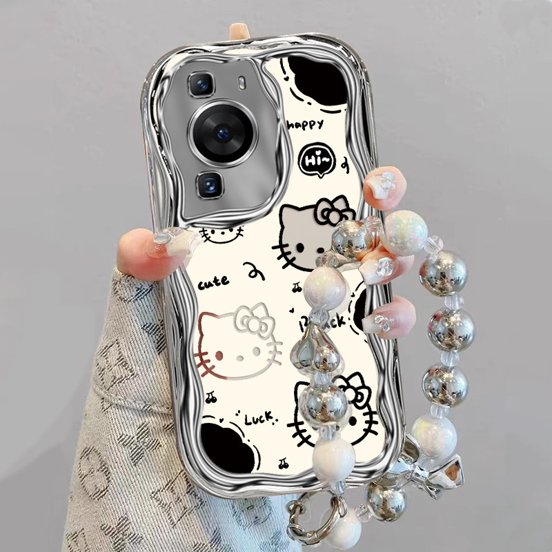 适用华为p60手机壳新款p60pro防摔全包镜头保护套p60art系列软电镀奶油KT猫外壳p6Opor女生P六零pr0的带手链p