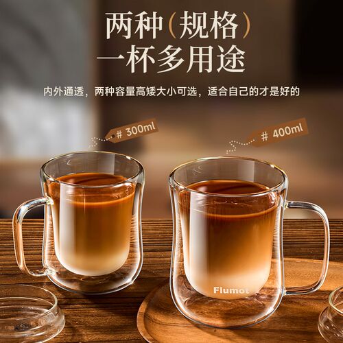 【自营】双层隔热玻璃杯咖啡泡茶家D用喝水杯子带把手带盖女高颜