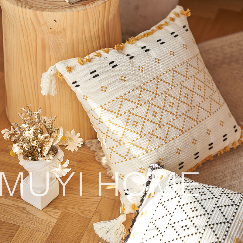 美式复古手工吊穗抱枕套客厅沙发腰枕轻J奢床上靠枕办公室靠垫腰