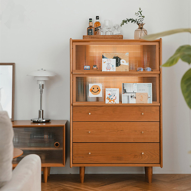 北欧实木书柜简约五斗柜现代日式边柜玻璃收纳客厅电视边柜樱桃木