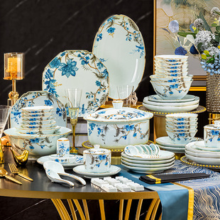 别墅大套组餐具饭碗菜盘大汤煲组合装 高档12人食金边青蔓餐具套装