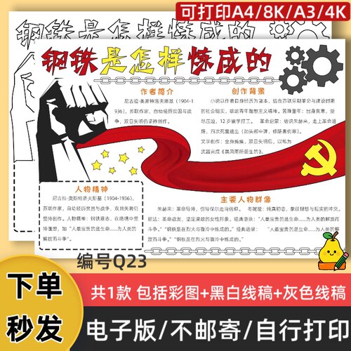 Q23七年级钢铁是怎样炼成的手抄报模板电子版课外阅读线稿可打印