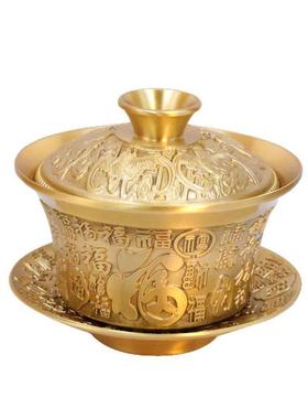 黄铜茶盖碗家用百福茶盏三件套带盖铜茶杯三才铜碗办公室家居摆件