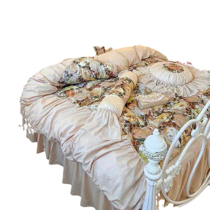 法式浪漫复古玫瑰花朵全棉泡泡褶皱床裙四件套纯棉花边公主风床品