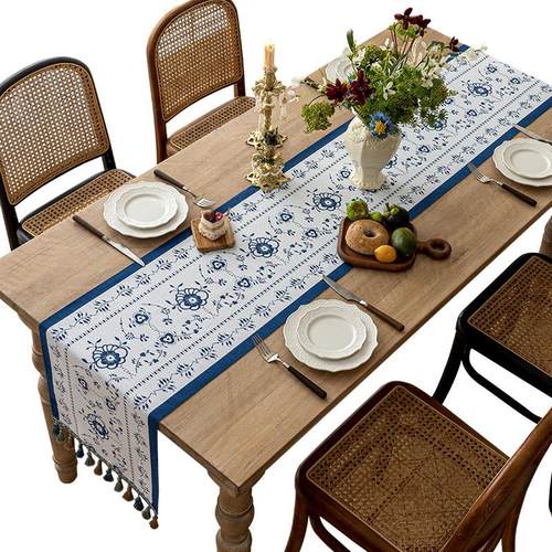新款热销美式桌旗雪尼尔提花长条桌布客厅书房茶几古风流苏茶旗垫