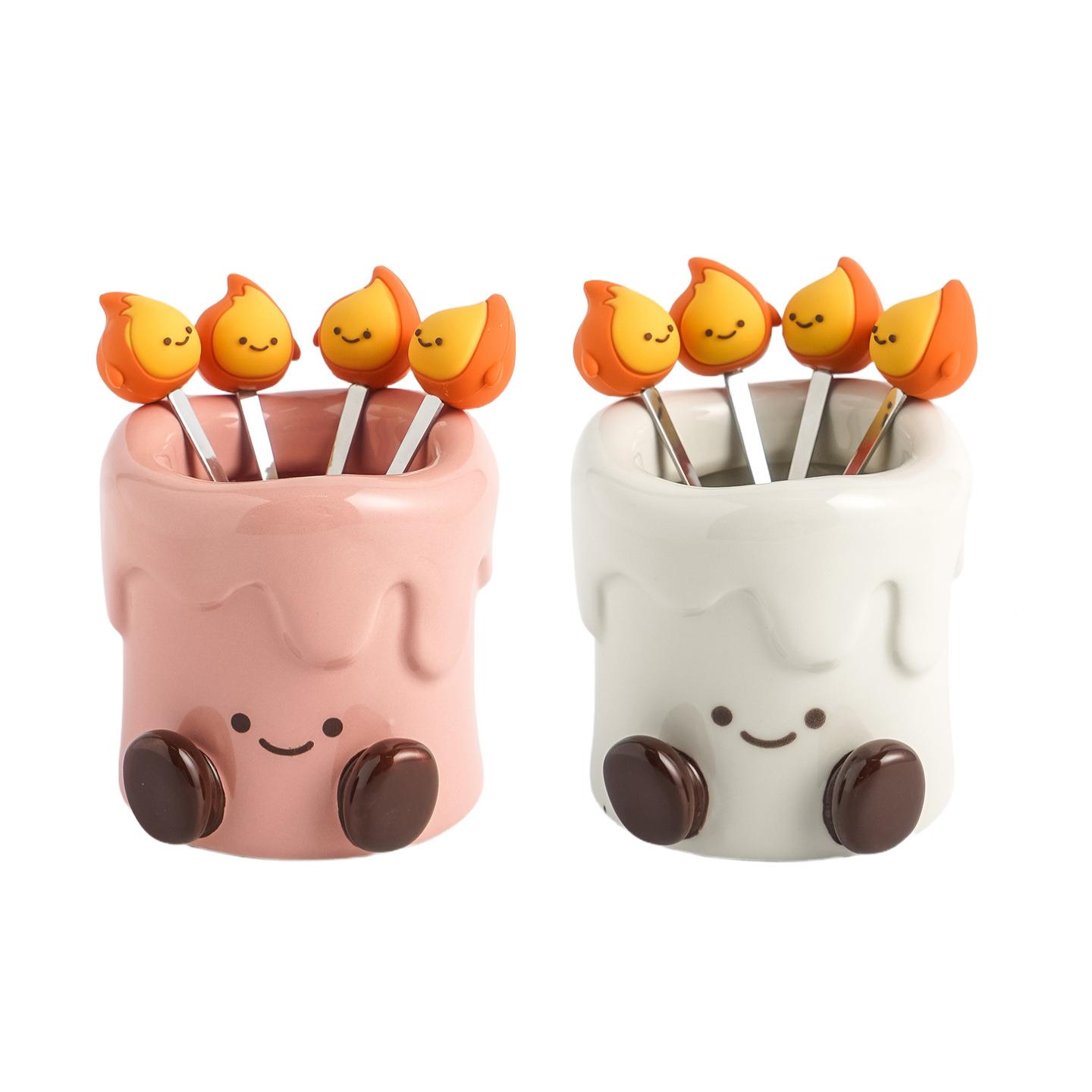 创卡意通高颜值陶瓷果叉品罐套装下午个茶性蜡烛果叉甜叉勺水果签