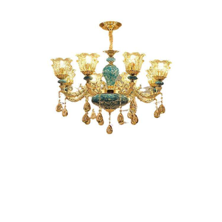 欧式吊灯奢华客厅灯现代简约大气家用法式蓝色陶瓷吊灯卧室水晶灯