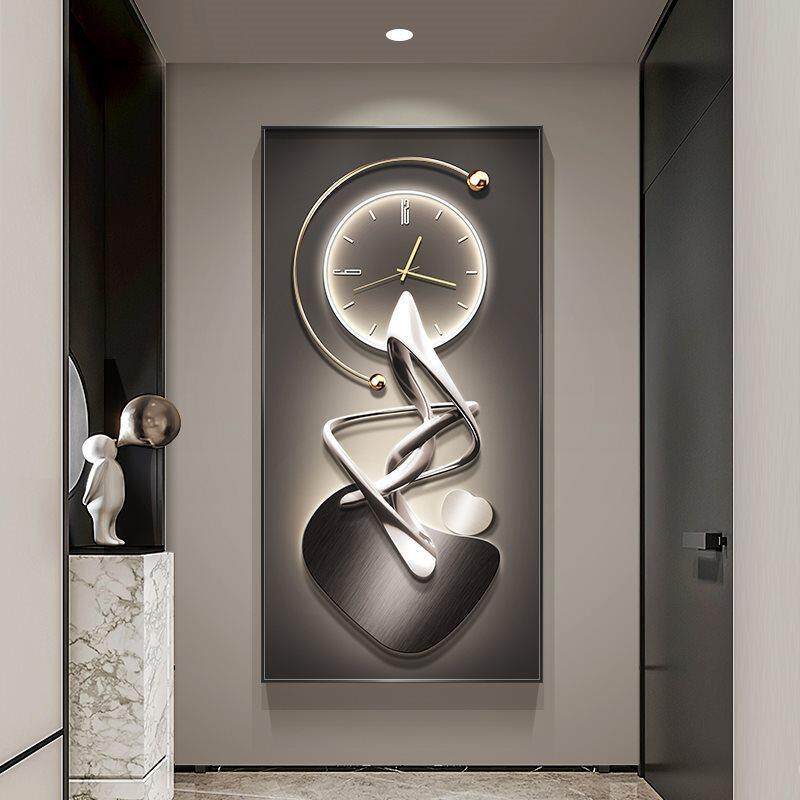 现代简约玄关装饰画带时钟表led灯进门入户挂画轻奢走廊过道壁画