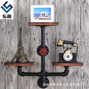 美式 复古工业风实木铁艺水管书架 客厅酒吧墙上一字隔板置物架