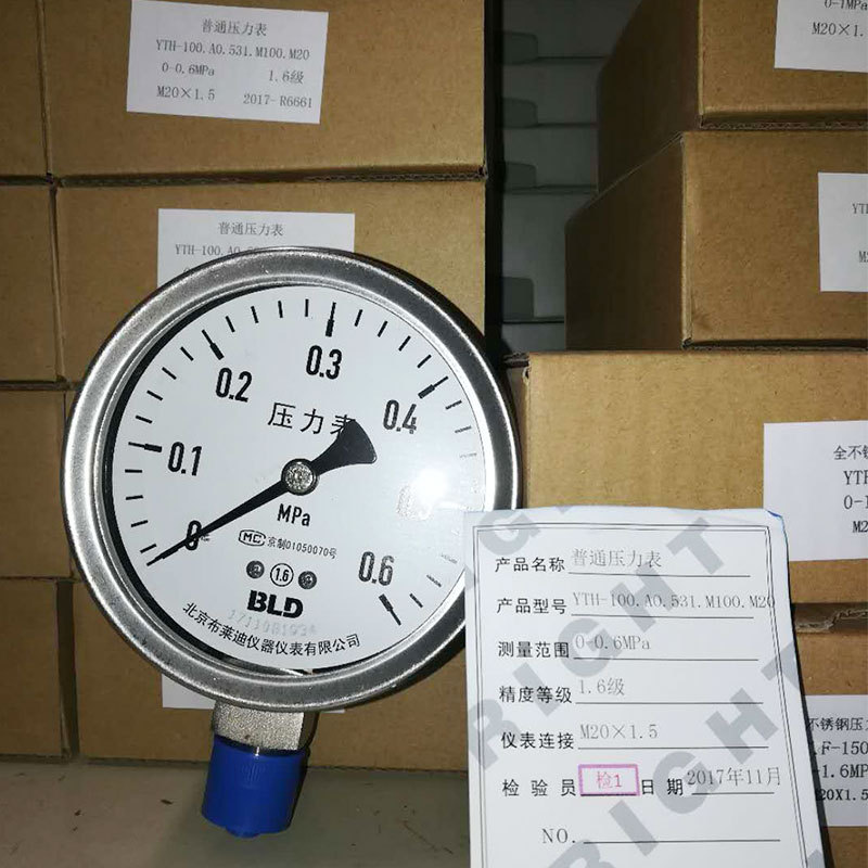 不锈钢耐震压力表YTHN-100水/气/液压力表1.6Mpa北京布莱迪包检测