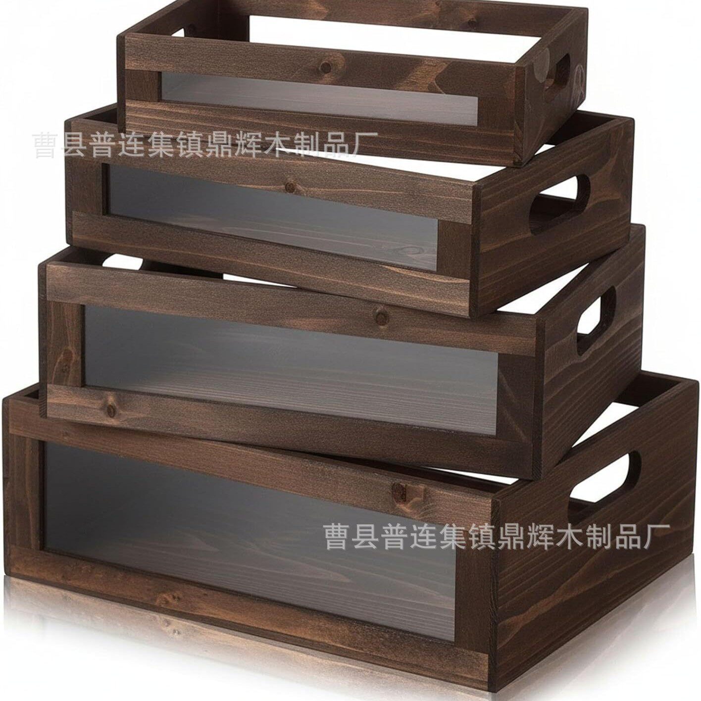 木质复古木箱做旧叠放桌面篮子套装配透明板储物箱复古装饰收纳盒