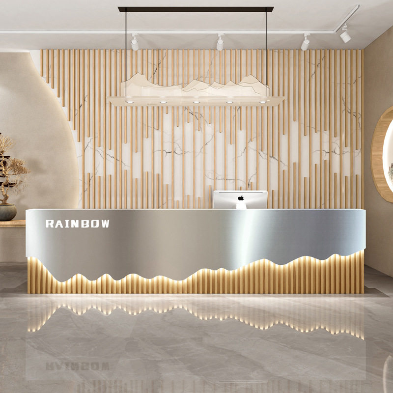 简约现代前台接待台装修公司健身房不锈钢吧台饭店酒店收银台