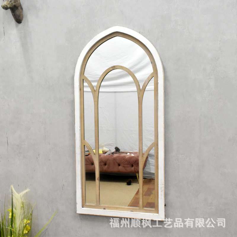 仿古白棕色美式拱形窗镜民宿木制装饰镜房间挂墙镜客厅玄关境