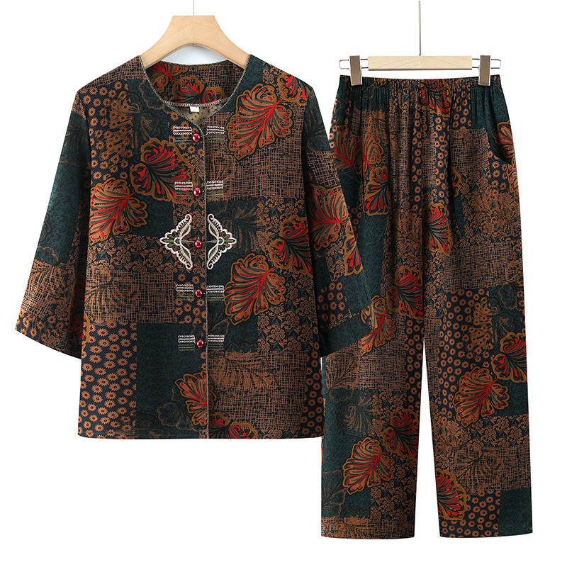 奶奶夏季绵绸七分袖套装老年人70岁妈妈人造棉两件套老太太衣服