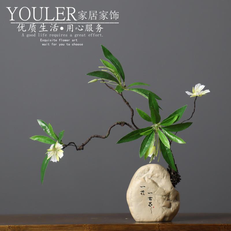 新疆包邮中式仿真绿植水石榕花禅意枯藤假花盆景摆件客厅玄关书房