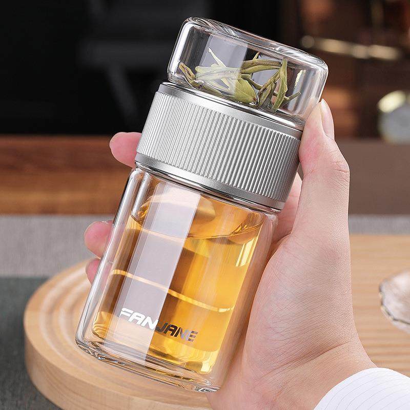 繁简茶水分离杯玻璃杯耐热泡茶杯透明杯男女士便携双层送礼水杯子