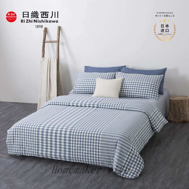 裸睡日式无印全棉色织水洗棉良品四件套纯棉格子被套纯色床单床笠
