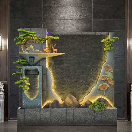 新中式水幕墙屏风流水喷泉室内循环水假山客厅摆件风水轮落地景观