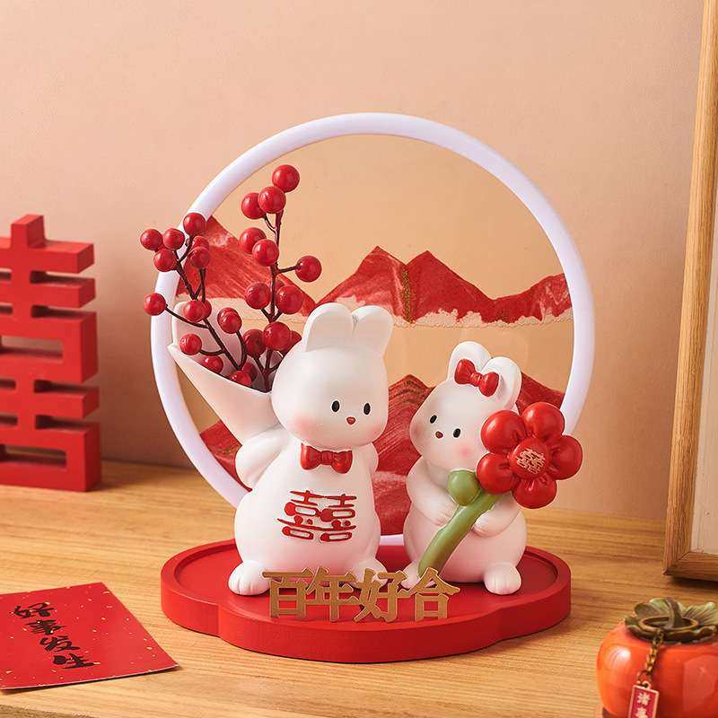 花开见喜兔流沙画组合创意喜庆玄关卧室新人床头装饰摆件新婚礼物,家居饰品,装饰摆件,淘宝优惠券,粉丝福利购,淘宝优惠卷