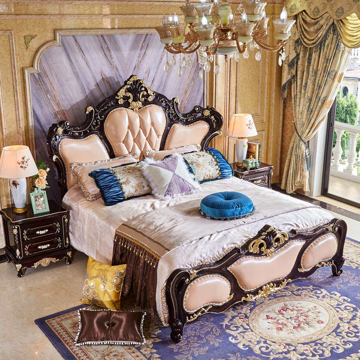 欧式实木雕花浪漫双人床主卧红檀色奢华1.8米床婚床别墅家具